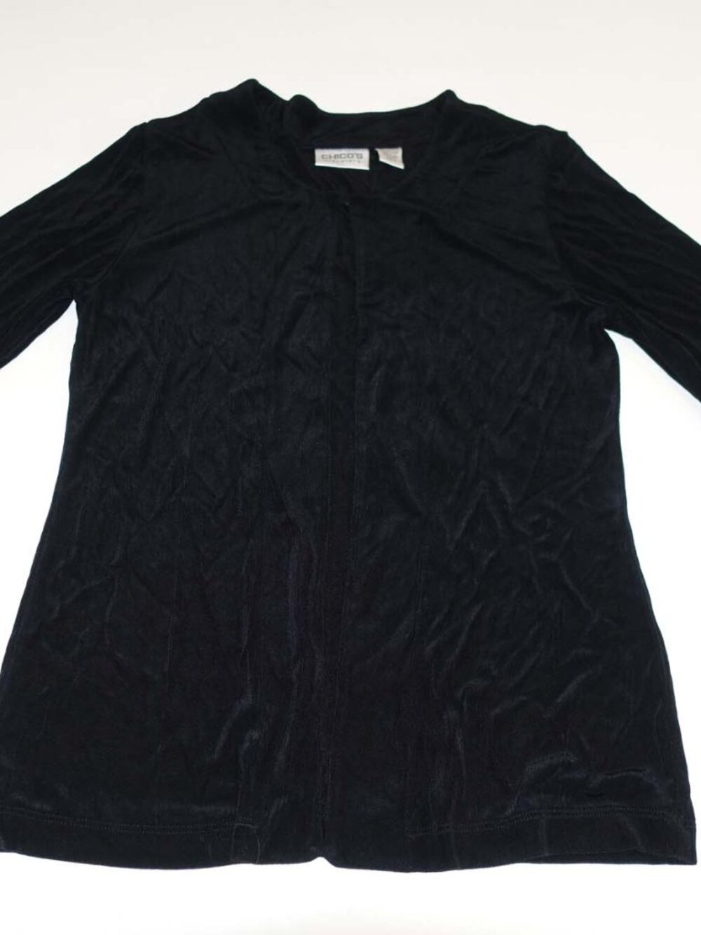 Chico's Women's Hook Front Cardigan Shirt Size 0 / 4 Black Slinky USA Made